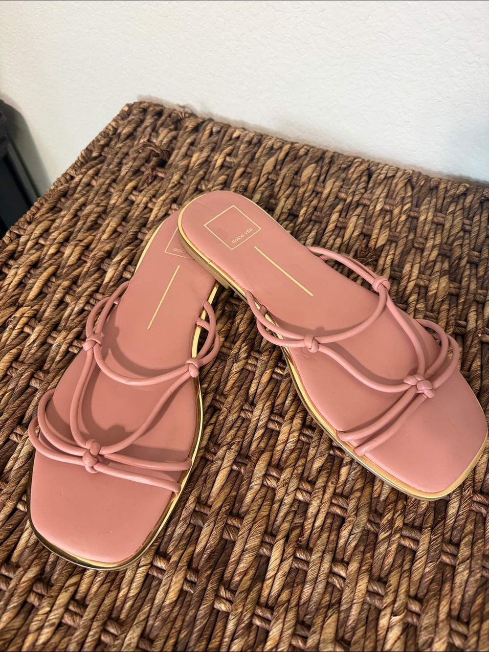 Dolce Vita Blush Pink Knotted Slide Sandals with Gold Trim